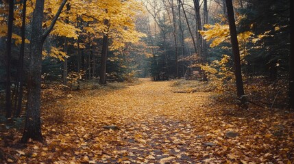 Obraz premium A carpet of golden leaves covers a woodland path, inviting exploration and capturing autumn's breathtaking palette in a serene, natural setting.