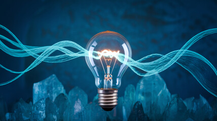 Lit lightbulb amidst blue crystals, glowing filaments and cyan energy streams, symbolizing innovation, creativity, and bright ideas, ideal for technology or energy concepts