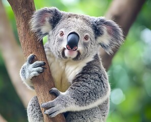 Obraz premium Koala clinging to a tree branch with green foliage background.