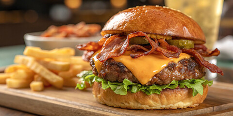 Juicy cheeseburger, golden brioche bun, melted cheddar cheese, crispy bacon strips, fresh lettuce, ripe tomato slices, caramelized onions, sesame seeds, side of french fries, wooden serving board,