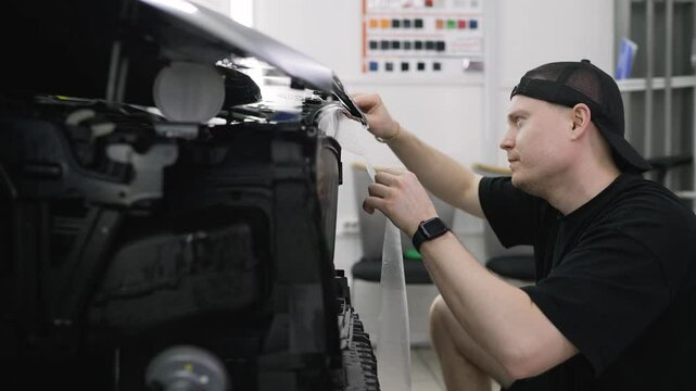 Professional mechanic meticulously applying protective vinyl wrap on vehicle headlights, carefully customizing car exterior in automotive workshop