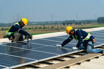 team of professionals installs solar panels, ensuring energy efficiency and sustainable development. The image represents green energy, eco-conscious solutions, and future solar power technology.