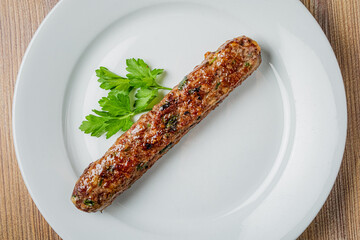A juicy grilled kebab on a white plate with vibrant herbs, beckoning to be savored