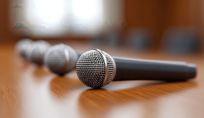 Obraz premium Close-Up View of Multiple Microphones on a Wood Table Surface
