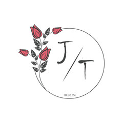 initial monogram wedding with creative circle line flower.