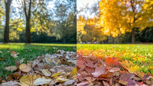 Leaves changing color across different seasons in a single image.