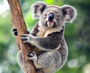 Naklejka premium A koala sits on a tree branch with green foliage in the background.