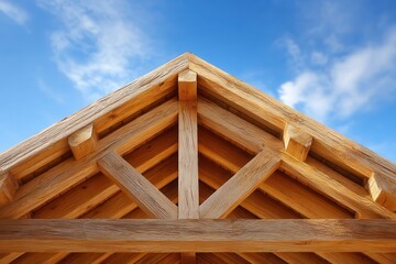 Wooden Roof Structure Against a Clear Blue Sky with Clouds