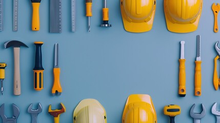 Flat lay of construction tools and hard hats banner background copy space, ai generated
