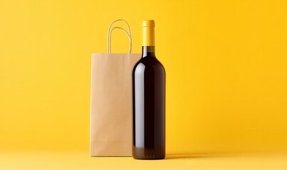 Elegant Wine Bottle and Paper Bag on Bright Yellow Background
