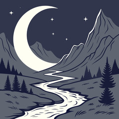 Fototapeta premium Winter Landscape With Mountains Melting Crescent Moon Over Mountain Valley – Glowing Silver Rivers Fantasy Landscape Vector