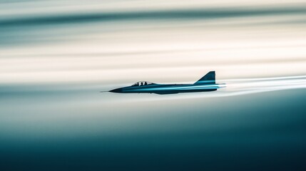 Naklejka premium A jet glides seamlessly, blurring into dawn’s light, embodying speed and elegance as it cuts through the soft sky.