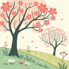 Sunny Spring Forest with Blooming Trees and Shrubs
