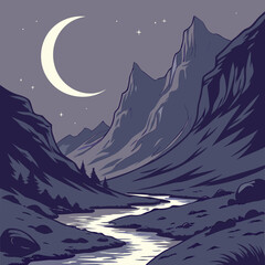 Obraz premium Winter Landscape With Mountains Melting Crescent Moon Over Mountain Valley – Glowing Silver Rivers Fantasy Landscape Vector