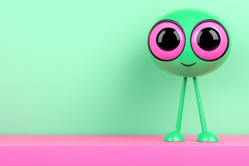 Obraz premium A cheerful green character with large eyes stands against a mint green background, evoking a playful and whimsical atmosphere.