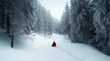 A lone figure in red travels through a snowy forest pathway, encapsulating isolation and adventure in a winter wonderland.
