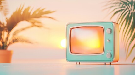 Retro television against sunset with tropical plants for vintage summer design