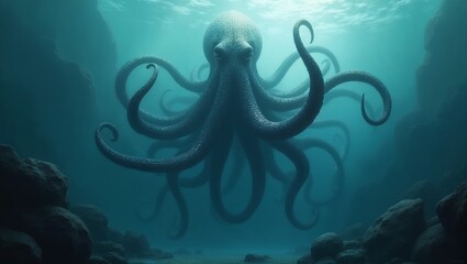 Majestic mythical octopus rising from ocean depths in a stunning digital painting with shimmering details
