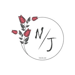 initial monogram wedding with creative circle line flower.