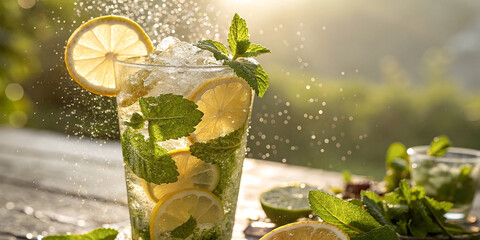 Refreshing mojito cocktail, sunlit glass, sparkling ice cubes, fresh mint leaves, lemon slice, vibrant green, golden hour glow, water droplets, splash effect, bokeh background, summer vibes,