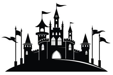 Obraz premium Fairy Tale Castle Silhouette with Flags, Towers, Clock, and Arches Isolated on White