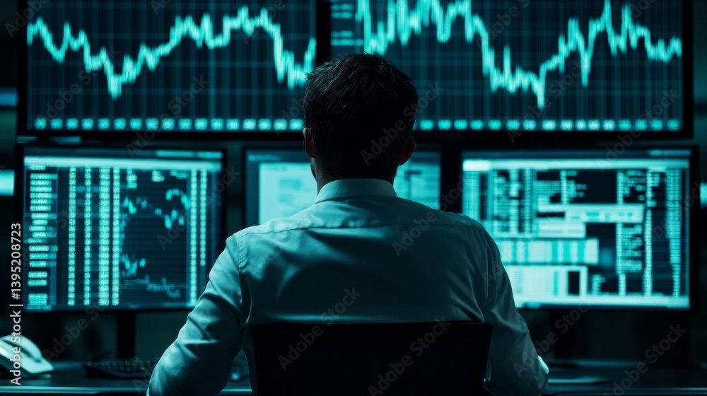Aufkleber in a sleek and contemporary office setting, a financial analyst focuses intently on several screens 