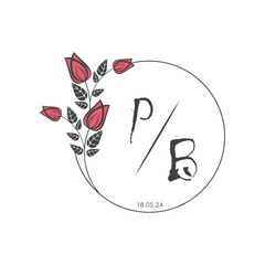 initial monogram wedding with creative circle line flower.