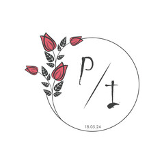 initial monogram wedding with creative circle line flower.