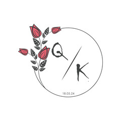 initial monogram wedding with creative circle line flower.
