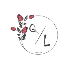 initial monogram wedding with creative circle line flower.