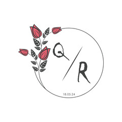 initial monogram wedding with creative circle line flower.