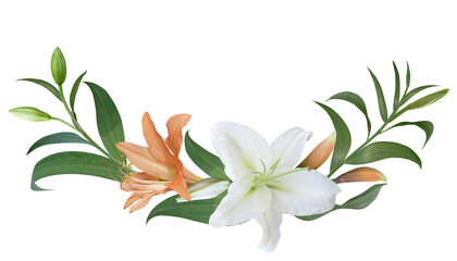 White and orange Lily flower bouquet isolated on transparent background