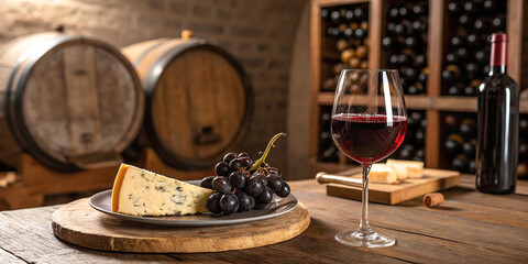Wine tasting, rustic cellar, wooden barrels, cheese platter, red grapes, wine glasses, vintage bottles, atmospheric lighting, brick walls, gourmet experience, warm tones, wine cellar ambiance,
