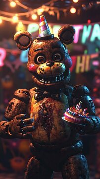 A creepy animatronic bear holding a birthday cake in a dimly lit party setting, with vibrant decorations and an eerie atmosphere.
