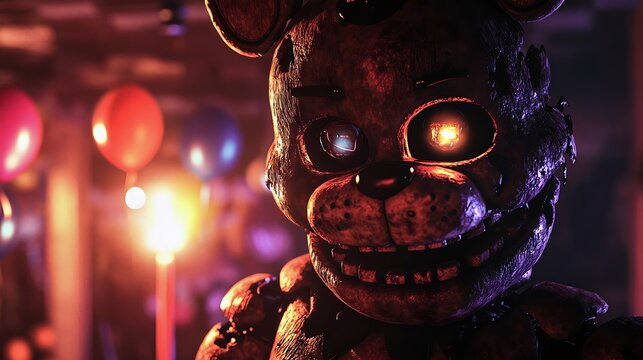 A creepy animatronic bear character with glowing eyes, set in a dimly lit room decorated with colorful balloons, creating a spooky atmosphere.