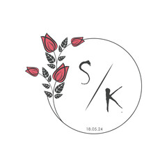 initial monogram wedding with creative circle line flower.
