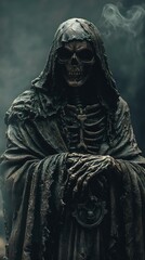 A haunting figure of a cloaked skeleton, evoking themes of death, mystery, and the supernatural, surrounded by eerie fog.