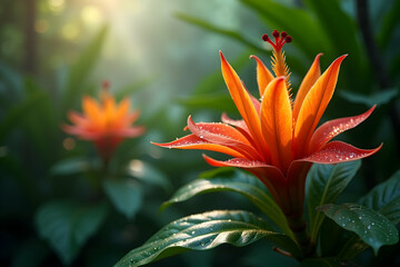 Obraz premium Visually Stunning Close Up of a Vibrant Orange Bromeliad Flower with Water Droplets, Displaying Intricate Details Amidst Lush Green Foliage in a Serene Setting