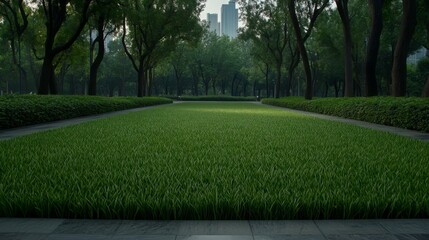 Lush Green Grass Park Lawn Landscape with City Skyline View