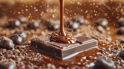 Obraz premium Melted chocolate poured over a chocolate bar