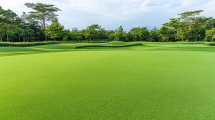 Lush Green Golf Course Fairway Landscape with Trees under a Cloudy Sky