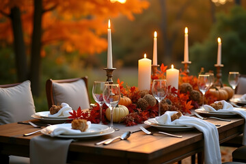 Warm autumnal dinner celebration with soft lighting, elegant table setting, and cozy ambiance evoking togetherness and gratitude for friends and family