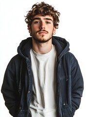 Obraz premium A young man with curly brown hair and a short beard poses confidently wea a dark navy hooded jacket and a white t-shirt against a white