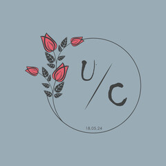 initial monogram wedding with creative circle line flower.