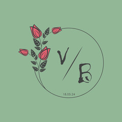 initial monogram wedding with creative circle line flower.