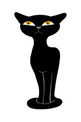 Black cat with yellow eyes on white background. Cartoon cat drawing