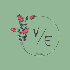 initial monogram wedding with creative circle line flower.