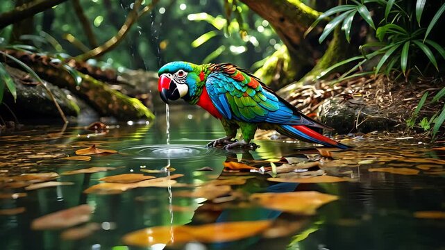 Colorful tropical parrot perched by jungle stream drinking water surrounded by lush green foliage, reflecting vibrant feathers and natural rainforest habitat

