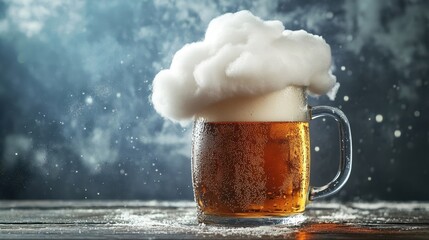cold beer with cloud foam on wooden table