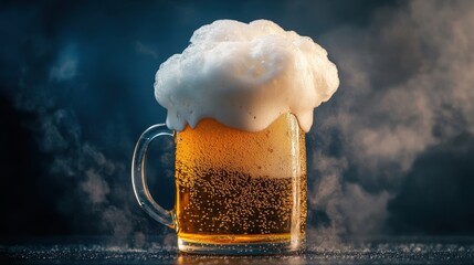 frothy beer mug in smoky atmosphere